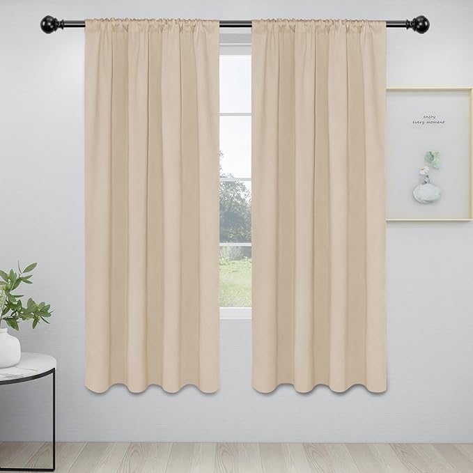 Easy-Going Rod Pocket Blackout Curtains for Bedroom, Room Darkening Window Curtains for Living Room, Thermal Insulated Noise Reduction Solid Window Drapes, 2 Panels(34x72 in, Beige)