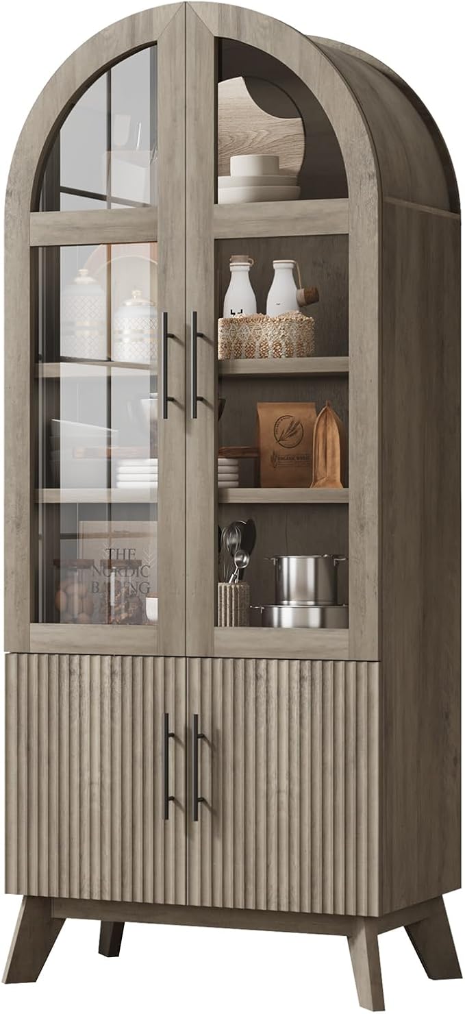 71" Modern Fluted Display Cabinet with Glass Door, Arched Curio Cabinet with Adjustable Shelf, Bookcase for Collectibles Books, Storage Cabinet for Living Room, Dining Room, Grey