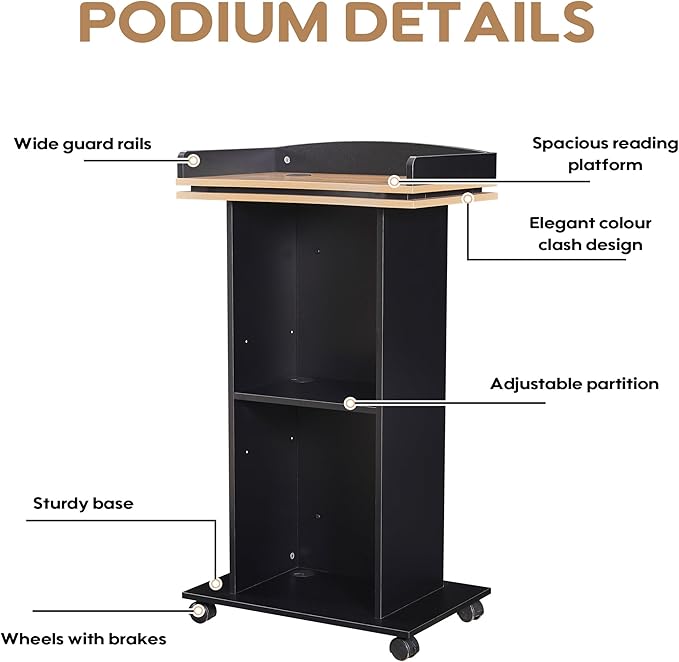 Podium Stand,Wood Podium with Wheels,Lectern with Storage,Mic Stand Space,15MM Particle Board,Wooden Pulpit for Restaurants,Churches,Seminars and Schools