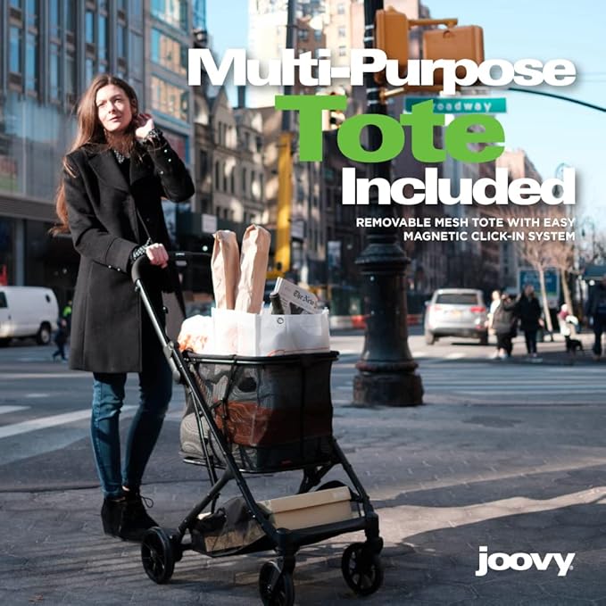 Joovy Boot Shopping Cart Featuring 70 lbs Total Weight Capacity, Stylish Removable Tote, Swivel Tires for Easy Steering, One-Handed Compact Fold, and One-Step Parking Brake (Silver Frame)