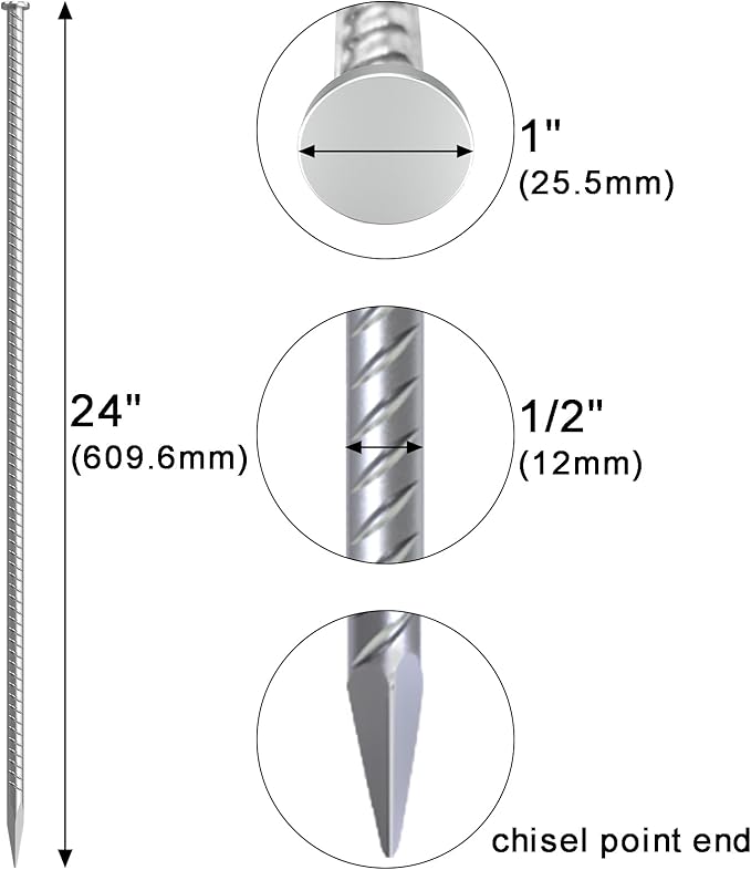 VVOKGO 24 Inch Rebar Stakes Metal Asphalt Anchoring Spikes Ground (4pcs), 1/2 Inch Diameter Galvanized Landscape Anchors Heavy Duty for Speed Bump, Handicap Threshold Ramps, Parking Limits Curb, Tarp