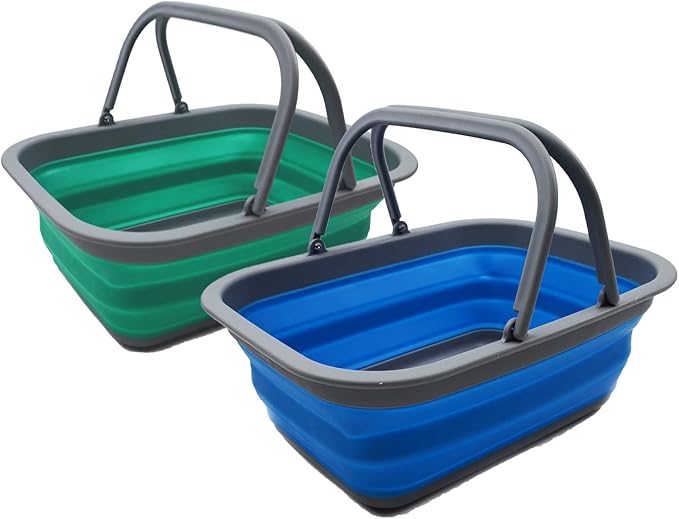 SAMMART 9.2L (2.37Gallon) Collapsible Tub with Handle - Portable Outdoor Picnic Basket/Crater - Foldable Shopping Bag - Space Saving Storage Container (Bluish-Green & Blue, 2)