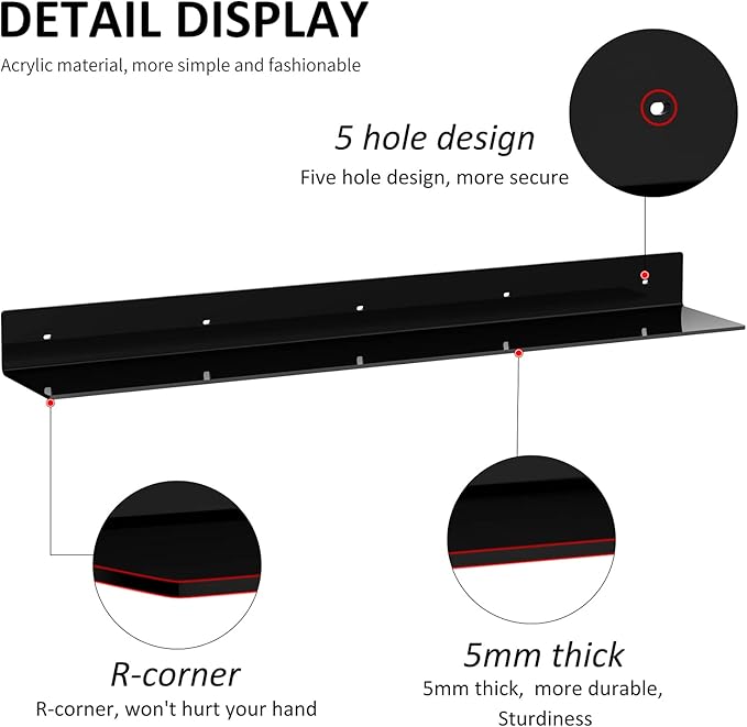 36 Inches Acrylic Long Wall Shelf Set of 2, Black Wall Mounted Acrylic Bathroom Storage Shelves Display Organizer, Floating Shelf for Bottle Oragnizer, Spice, Wine, Toys, Controller, Cup