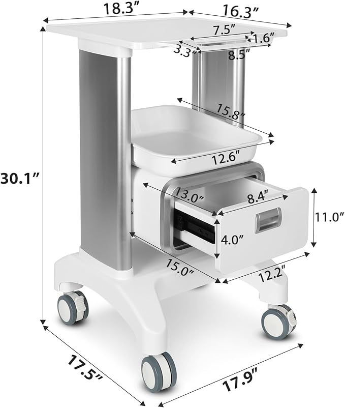 Medical Trolley Mobile Ultrasound Cart 135 LBS Load Professional Portable Storage Cart with 4 Silent Wheels Tray for Hospital Dental Clinic Beauty Salon Office Bedroom