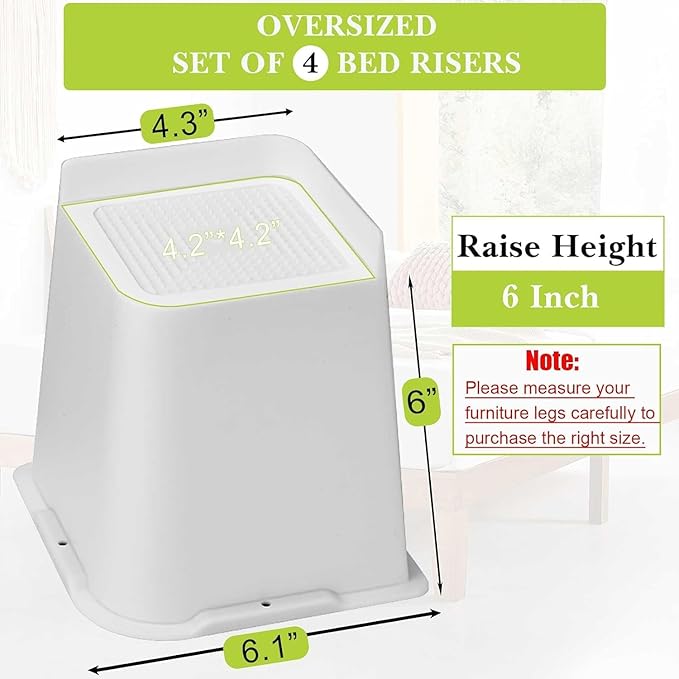Bed Risers 1 inch, 2 inch, 3 inch, 4 inch, 6 inch, 8 inch Heavy Duty, Oversized Furniture Riser for Couch Sofa Table Chair Leg Frame Dorm, Support up to 6000 Lbs (White 8 Pack, 6 inch)
