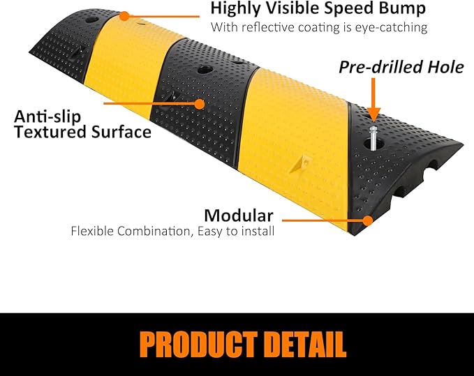 39.4" Rubber Speed Bumps 2 Pack - Heavy Duty Driveway & Parking Cable Protector Ramps, 2-Channel Modular Design for Asphalt & Gravel Roads, Includes 6 Bolts & Spikes