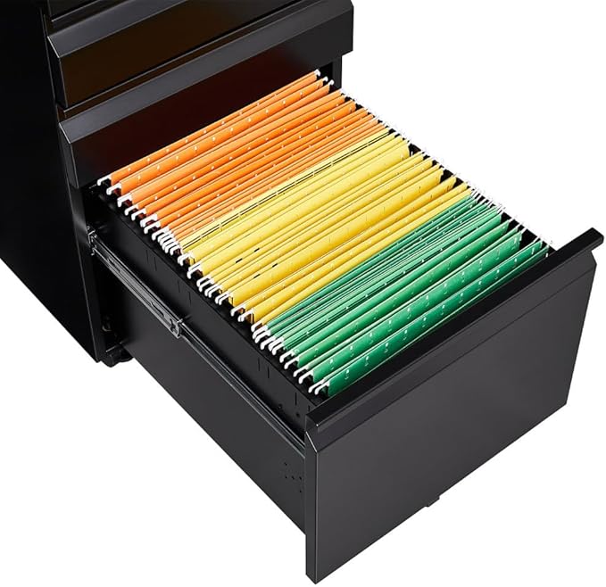 Lispin 3-Drawer Mobile Filing Cabinet with Lock, Office Storage Filing Cabinet of Legal/Letter Size, to be Installation Required (Black + Metal)