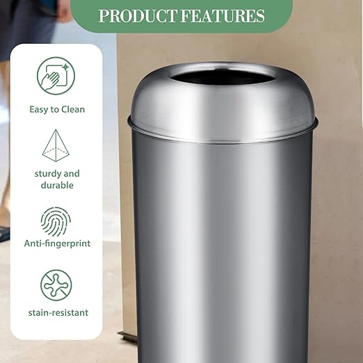 65L/17 Gallon Tall Commercial Trash Can, Large Capacity Brushed Stainless Steel Trash Bin with Open Top, Commercial Grade Heavy Gauge for Home, Office, Restaurant