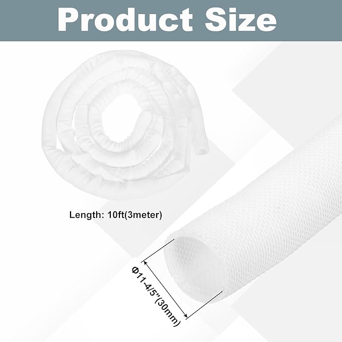MECCANIXITY 1-1/5 Inch ID Split Loom Tubing 10ft Polyester Cord Protector Wire Cable Sleeve for USB Cable Power Cord, White