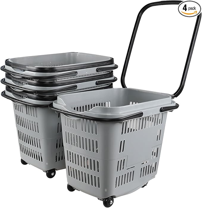 50 L Plastic Rolling Shopping Basket with Handles, Portable Retail Shopping Baskets for Supermarket, 4 PCS