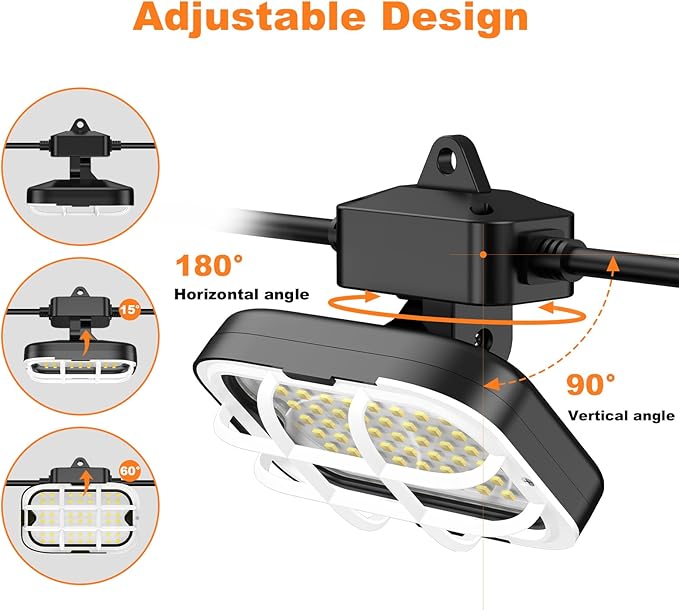100ft LED Construction String Lights,Super Bright 15000lm 150w Adjuest 90&180 Degrees On Both Sides Waterproof IP66 Led String Work Lights, Construction Temporary Lights (100ft-Adjustable 10lights).