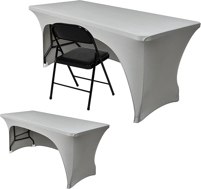 Nasitos 2 Pack Spandex 4 ft Table Cloth-Open Back Stretch Grey Fitted Tablecloth Rectangle Tables, Washable and Wrinkle Resistant Table Covers for Parties, Wedding, Banquet, Trade Show