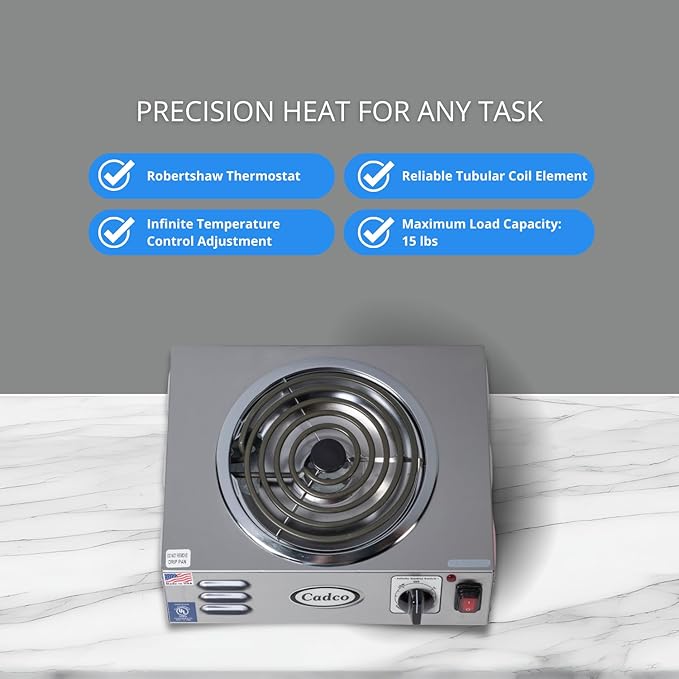 Cadco CSR-3T 14" Electric Portable Countertop Hi-Power Hot Plate w/One Tubular Burner for Restaurant Hotel Food Truck Concession Kiosk, Stainless Steel, 120v