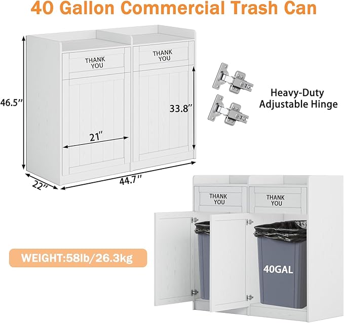 Restaurant Trash Can Cabinet Double 40 Gallon, Wooden Commercial Trash Can with Tray Holder, Large Garbage Cabinet for Restaurant Cafeteria Office, White
