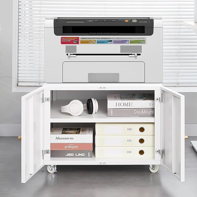 Metal Printer Stand with Storage, Heavy Duty 3D Printer Cabinet on Wheels for Home Office, Table for Printers with Adjustable Shelf Under Desk File Cabinet White 17.7''H
