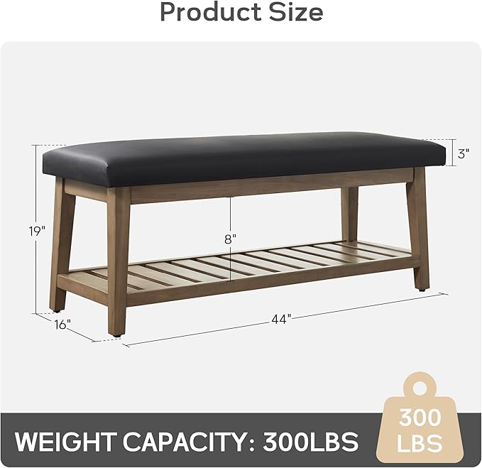 Entryway Bench, PU Leather Upholstered Shoe Benches for Bedroom, Ottoman Bench with Solid Wood Shelf, Storage Bench for Hallway, Living Room(Black)