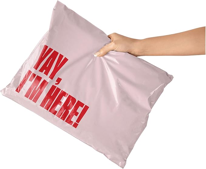Poly Mailers 10x13 – 100 Pack – Cute Printed Recyclable Shipping Envelopes for Small Business Packaging, Self Sealing Mailing Bags – Yay I’m Here Pink/Red Design