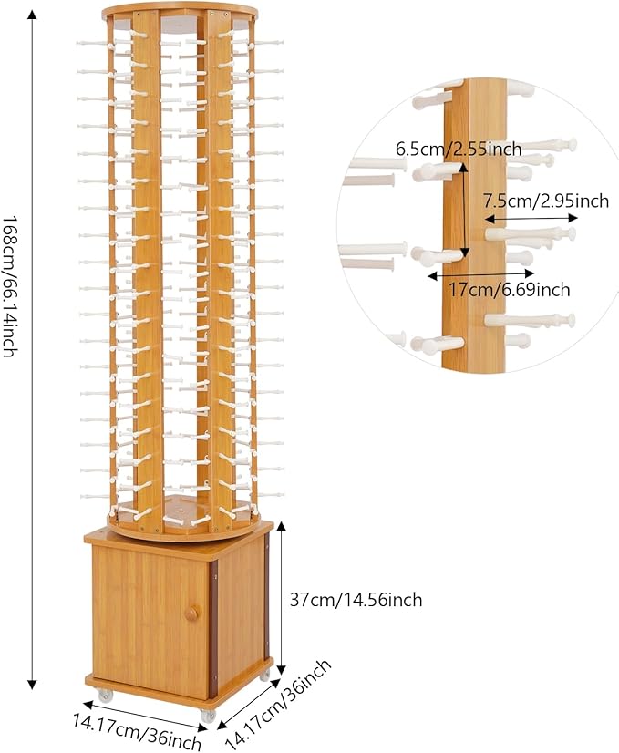 Sunglasses Display Stand, 108 Pairs Wooden 360° Rotating Sunglass Eyeglass Holder Organizer, Glasses Hanger Storage Rack for Retail Commercial Display, L14.2*H66.1in, Brown