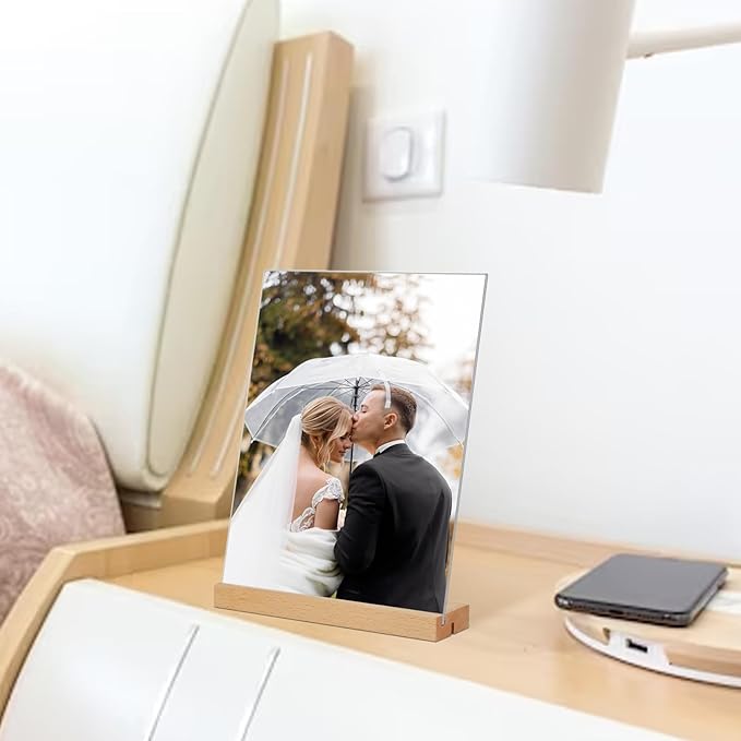 TONICE 8.5 x 11 Acrylic Sign Holder with Wood Base 3 Pack L/T Shape Vertical or Slant Back Display for Wedding, Restaurant, Store, Office, Hotel