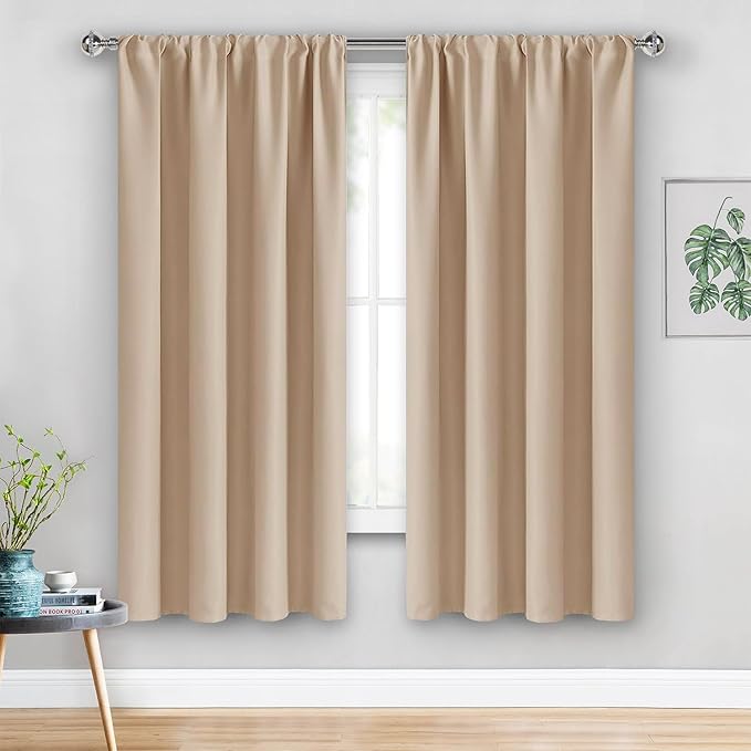 JIUZHEN Blackout Curtains for Bedroom - Thermal Insulated Room Darkening Rod Pocket Curtains for Living Room, Set of 2 Panels with Tiebacks, 38 x 63 Inch Length, Beige