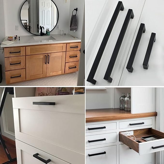 Cabinet Pulls Matte Black Cabinet Handles Square Drawer Pulls, 5 Pack 3-3/4 Inch Stainless Steel Kitchen Door Cupboard Cabinet Handles, Drawer Hardware Handles, 96mm Hole Centers