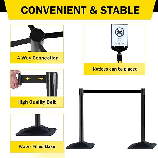10 ft Crowd Control Stanchion Set, Crowd Control Barrier, Stanchions with Retractable Belts & Base, Retractable Stanchions, Queue Management Stanchion (4 Pack) (Black)