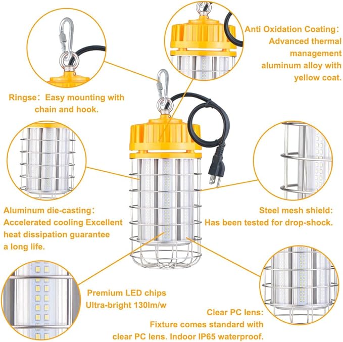 100w LED Temporary Work Light for Construction Sites - 100-277VAC, 5000k Daylight, Durable Portable Linkable Job Site Lighting with Hook for Job Site,Workshop Area Lighting (100w)