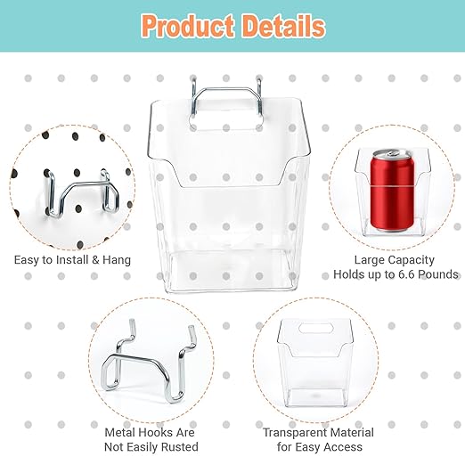 8 Pack Large Pegboard Bins with Hooks, Square Box Shape Peg Board Cups and Peg Board Accessories for Craft Room, Playroom, Office, Garage, and Wall Mount Organization