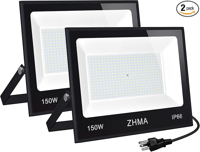 2 Pack 150W Led Flood Lights Outdoor, 12000LM Super Bright Work Light, IP66 Waterproof, 6500K Daylight White, Outdoor FloodLights for Backyard,Playground,Basketball Court