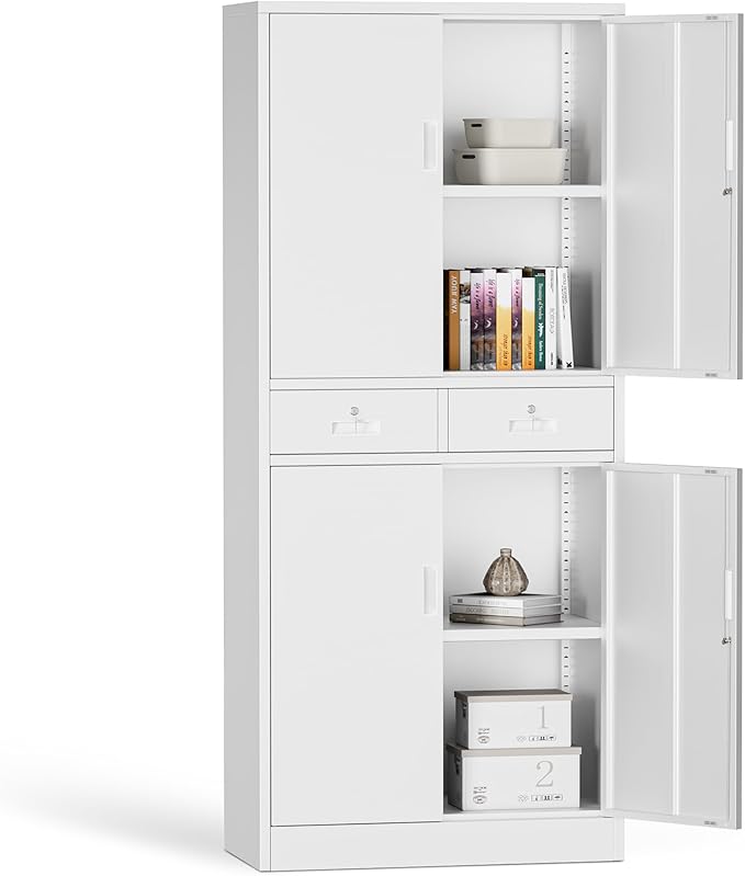 Metal Storage Cabinet with 2 Drawers 71" H,White Metal Garage Cabinets with 2 Lockable Doors and Adjustable Shelves Easy to Assemble for Home Office, Kitchen,Pantry,Garage,Warehouse
