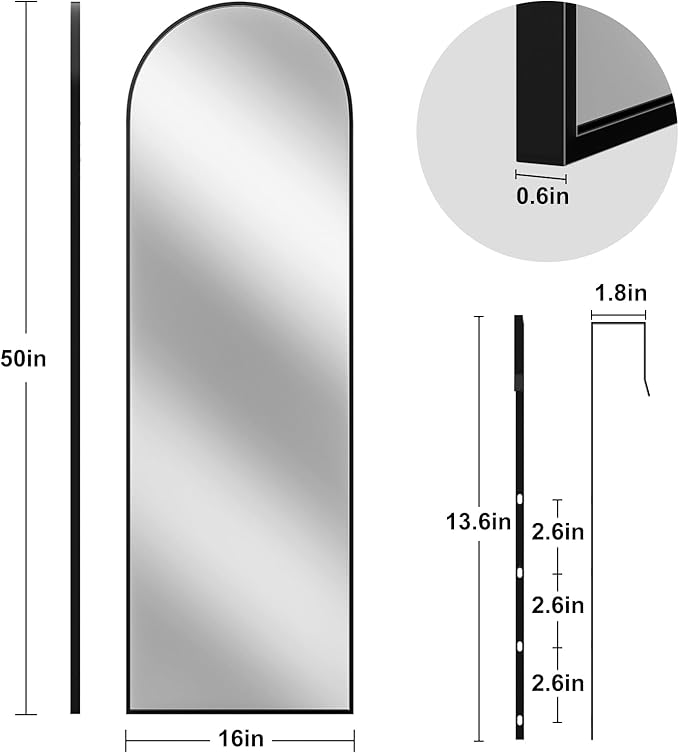 Full Length Door Mirror, Wall Mounted Wall Mirrors, 50"X16" Arched Behind Door/Full Length Mirror for Use in Living Rooms, Rooms, Bedrooms, Cloakrooms, etc. (Black)