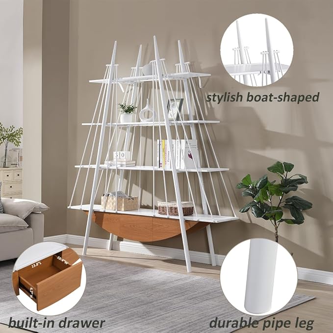 Boat-Shaped Bookshelf, 4 Tier Ladder Bookcase with Drawer 84.3" Tall Bookshelves for Storage Display Decor Easy Assembly Bookcase Furniture for Bedroom, Living Room and Home Office