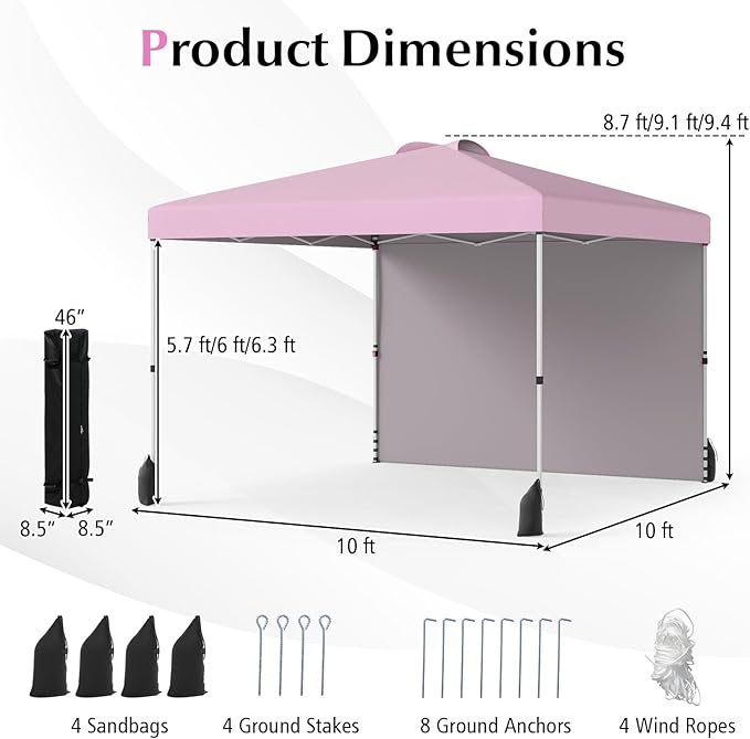 Tangkula 10x10 FT Pop up Canopy with Sidewall, Easy Setup Outdoor Tent with Wheeled Bag, 4 Sandbags, 4 Ropes, 4 Anchors, 8 Stakes, Vented Top, Portable Canopy Tent for Party Event Patio (Pink)