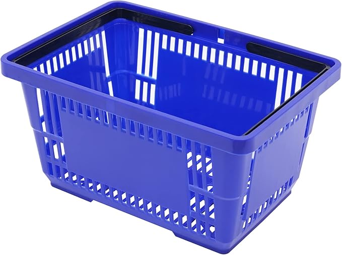 12PCS Shopping Baskets with Handles, 21L Plastic Grocery Basket for Retail Store, Supermarket, Grocery Shopping |17" x 12" x 9" Portable Shop Basket (Blue)