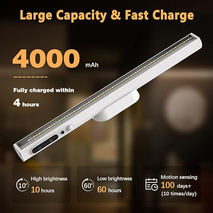 Battery Powered Operated Wall Strip Lights, Motion Sensor LED Light Bar Indoor, Rechargeable Magnetic Under Cabinet Lighting Wireless with Remote Control for Desk Mirror Closet – White