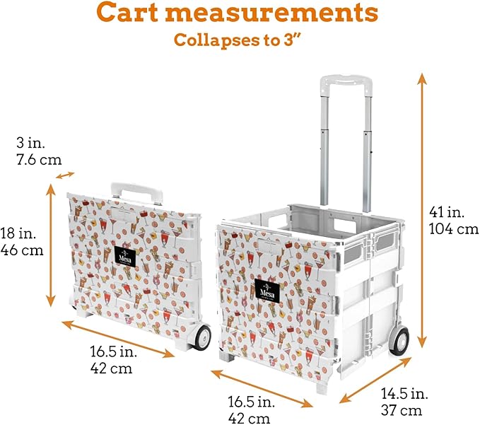 Inspired Living Ultra-Slim Rolling Collapsible Storage Pack-N-Roll Utility-carts, with Telescopic Handle, for Home, Garden, Shopping, Office, School use, Large, White, Cocktail Print