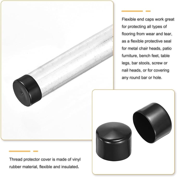 uxcell 4pcs Rubber End Caps 63mm(2 1/2 Inch) ID x 40mm(1 9/16 Inch) H Vinyl Round End Cap Cover Screw Thread Protectors Black, 40mm Height