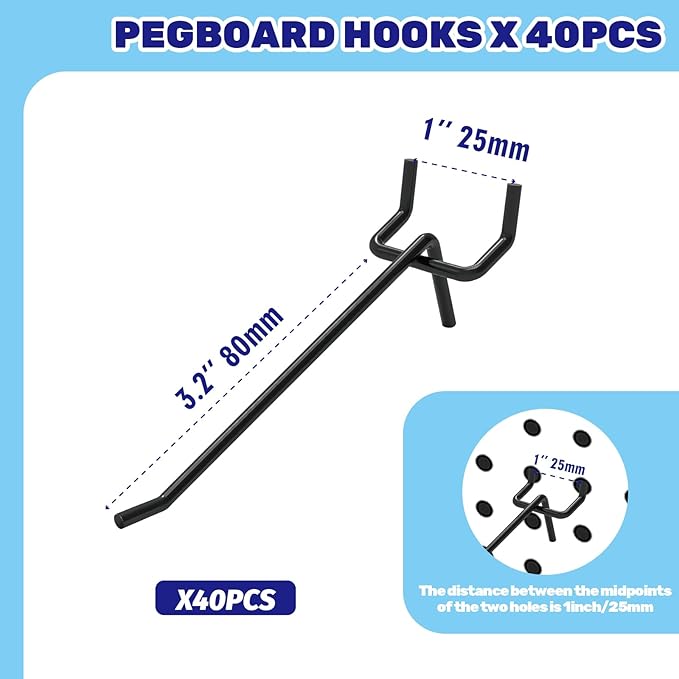 40Pcs 4" /100mm Stainless Steel Pegboard Display Hooks Bulk Set, Black Garage Organization Peg Wall Hook Metal Slatwall Panel Hook Fit 1/8 and 1/4 Inch Pegboard for Retail