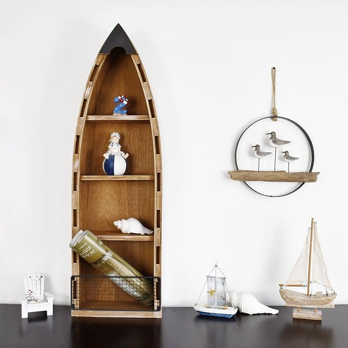 Wood Hanging Boat Shelf Nautical 4-Tiered Shelves for Living Room Bathroom Bedroom - Beach Themed Decorative Bookcase Wooden Wall Art Ornament Display Shelf Rustic Coastal Home Decor