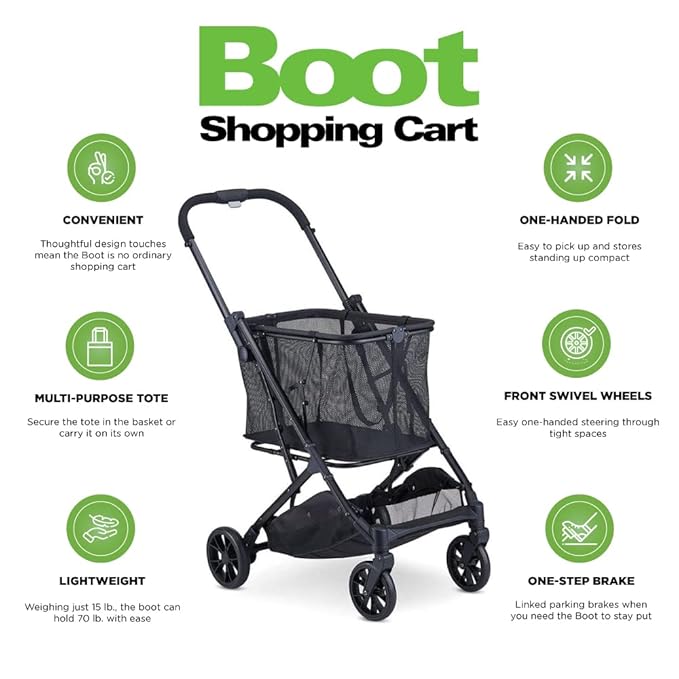 Joovy Boot Shopping Cart Featuring 70 lbs Total Weight Capacity, Stylish Removable Tote, Swivel Tires for Easy Steering, One-Handed Compact Fold, and One-Step Parking Brake (Black Frame)