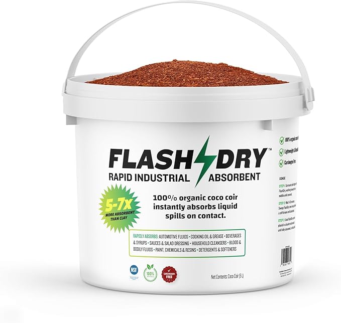 FlashDry Super Spill Absorbent, 5L Bucket with Dispenser Lid, 100% Organic Coco Coir, Landfill Safe, OSHA Approved, Ideal for Absorbing Oil, Paint, Grease in Garages, Kitchens, Janitor Kits