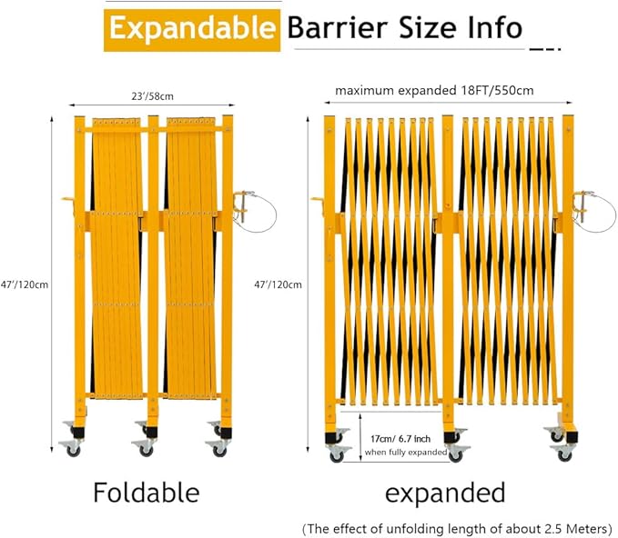 GYMTIME Industrial Expandable Metal Barricade, Safety Barrier with Casters, Flexible Mobile Gate, Adjustable Traffic Fence for Warehouse, Shopping mall, Garden, Yellow and Black, 18 Feet, 47 inch High