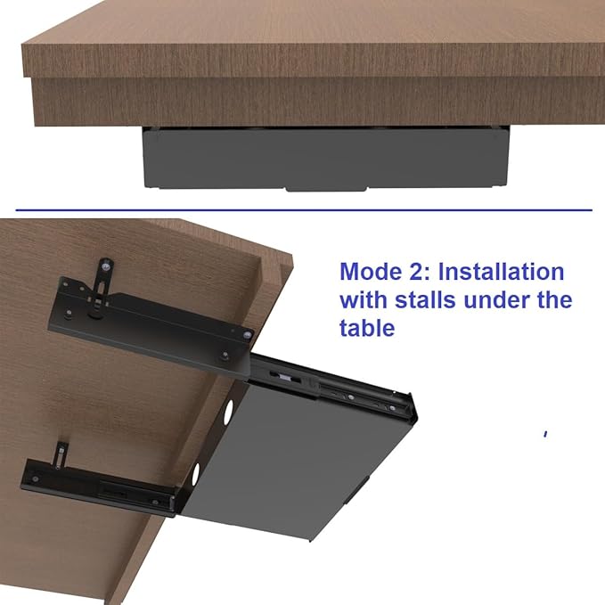 Under Desk Mounted Slide out Drawer, W 13.4" x D 9.3" Storage Organizer with Cable Management for Office & Standing Desks with High Crossbar, Metal, Black (Medium)