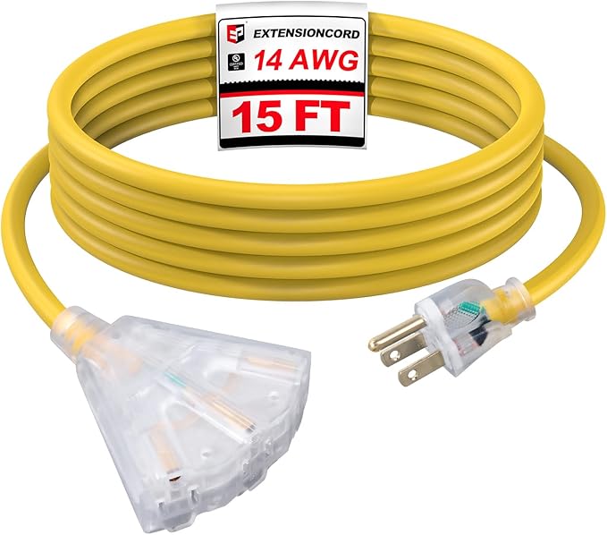 EP 15 Ft Lighted Outdoor Extension Cord with 3 Electrical Power Outlets - 14/3 SJTW Heavy Duty Yellow Extension Cable with 3 Prong Grounded Plug - Power Cord for Lawn, Garden, Appliances