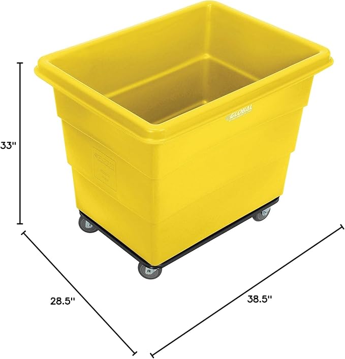 Global Industrial 12 Bushel Plastic Bulk Box Truck, Steel Chassis Base, 1000 lbs. Capacity, 4" Non-Maring Rubber Casters, Yellow, 38-2/5"L x 28-9/10"W x 33" H