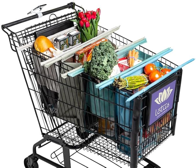 Lotus Earth Tone Trolley Reusable Shopping Bags (4-Pack) – Detachable & Reusable Grocery Bags Foldable with Insulated Grocery Bag & Egg/Wine Holder – Washable Shopping Tote to Save Time & Easy Storage
