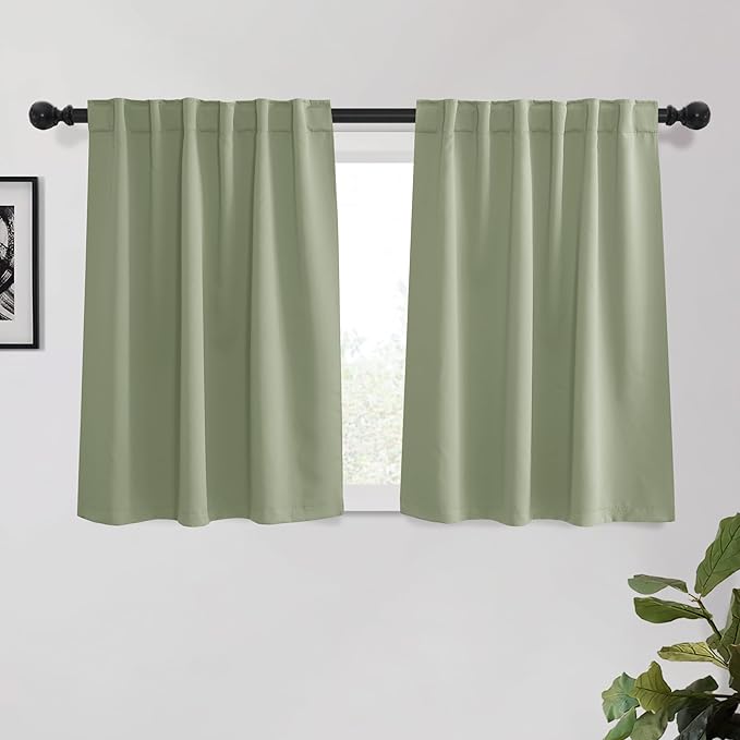 KGORGE Short Curtains 45 inch Length, Privacy Thermal Insulated Curtains Noise Reducing Window Drapes for Living Room Kitchen, Back Tab Rod Pocket, W52 x L45 inches, Sage Green, 2 Panels