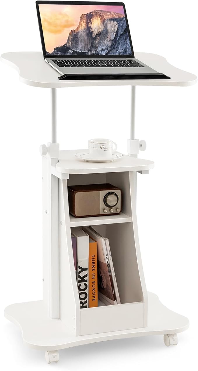 Tangkula Mobile Lectern Podium, Height Adjustable Podium Stand, Standing Sit-to-Stand Desk, Rolling Cart Laptop Desk with Swivel Top Movable Wheels & Storage