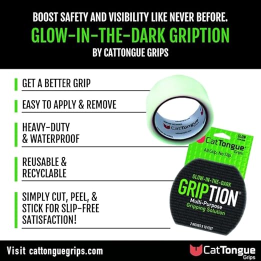CATTONGUE GRIPS Non-Abrasive Grip Tape Wrap - 2” Thick Heavy-Duty, Waterproof Anti-Slip Tape for Wrapping Tools, Bats, Gym Equipment - Indoor & Outdoor Anti-Slip Solution (Glow in The Dark, 10ft)