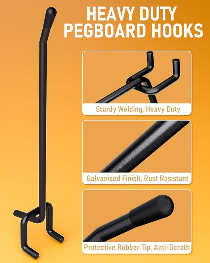 INCLY 120 Pack 2/4/6 Inch Black Pegboard Hooks, 1/4" Heavy Duty Peg Board Shelving Hooks Accessories, Peg Board Tool Hangers Fit 1/4" Pegboard Hanging Tools Garage, Crafts Organizing, Kitchen, Store